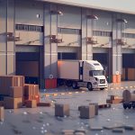 White semitrailer truck is parked outside large warehouse there are several shipping 150x150