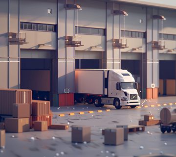 White semitrailer truck is parked outside large warehouse there are several shipping 360x320