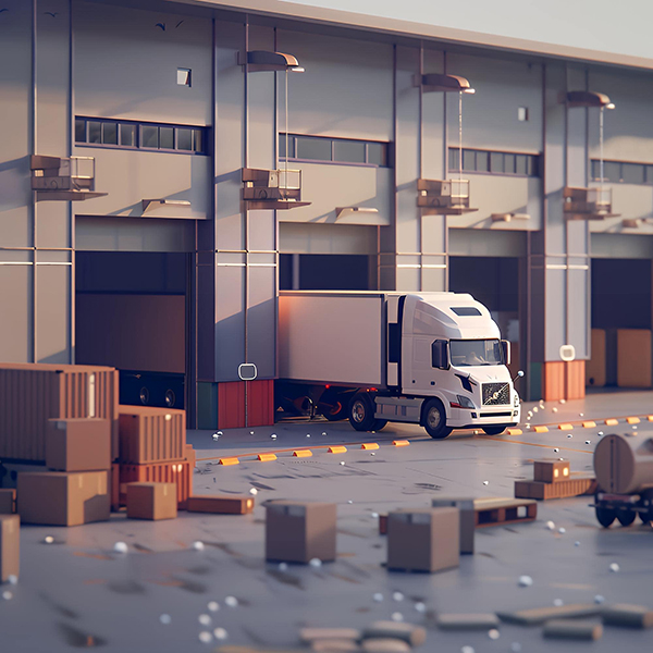 White semitrailer truck is parked outside large warehouse there are several shipping